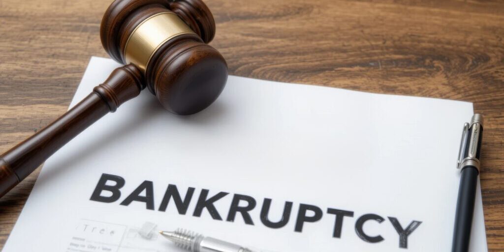 A judge's gavel rests on a bankruptcy document, alongside a pen.  The image suggests legal proceedings and financial hardship.